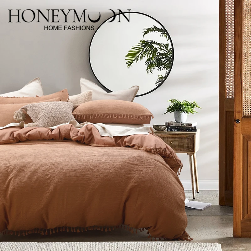 2022 best quality of home duvet cover sets 3pcs 120gsm seersucker with hand made trim