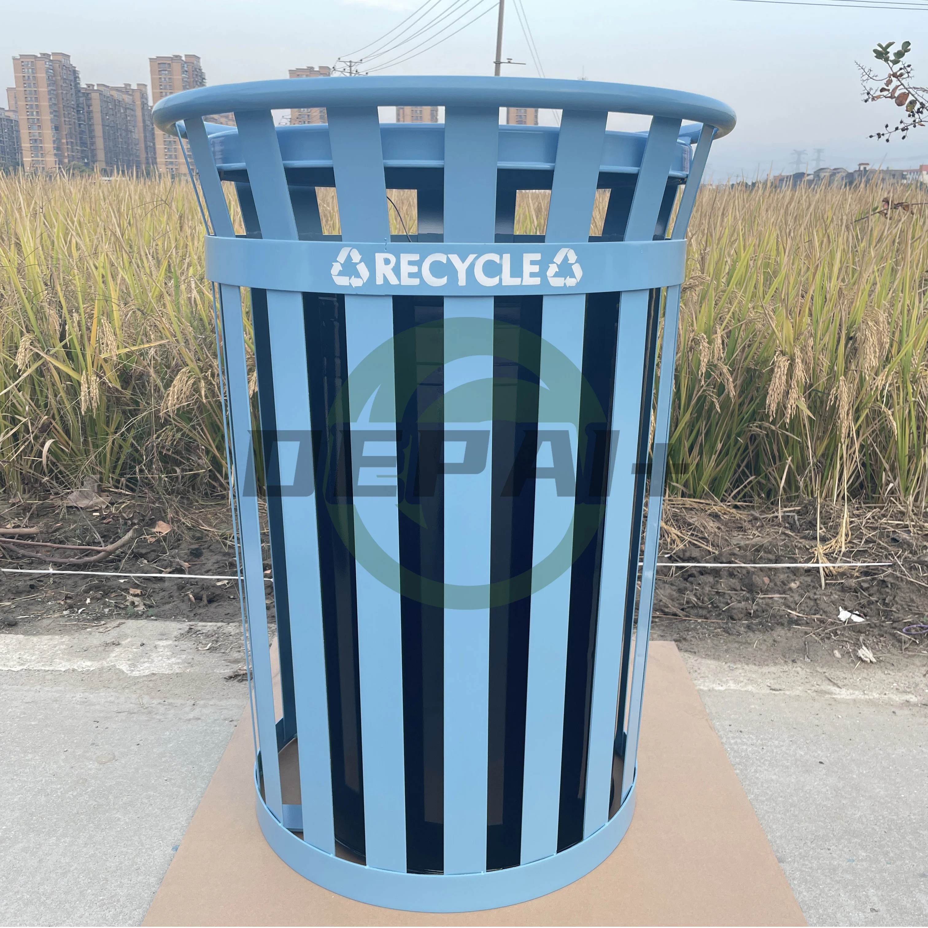 Outdoor Public Large Trash Bin Metal Slatted Steel Rubbish Waste Bin Trash Recycle Garbage Bin