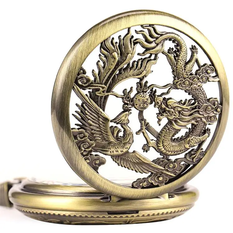 BOSHIYA army watch mechanical hand wind black old  dad men retro necklace steampunk skeleton roman dragon pocket watch