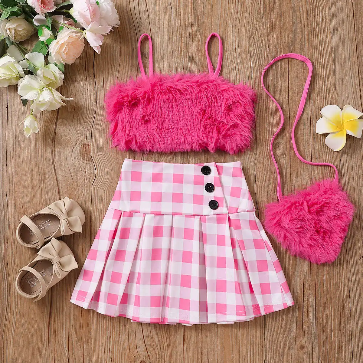 Baby Girls Clothes Furry Straps Top Matching Plaid Skirt Suit 3 pcs Toddler Clothes Sets with Bag