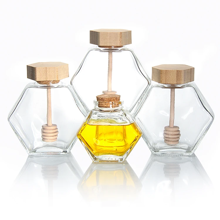 Customized Shape Deep Mouth Candies Glass Hexagon Jar With Bamboo Lids