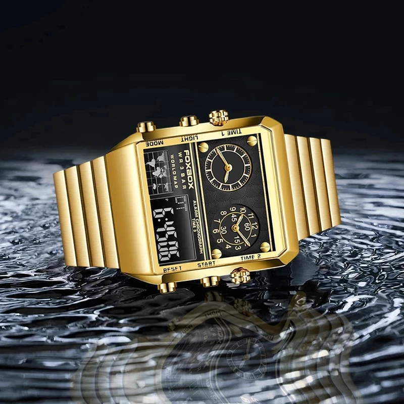 LIGE New Top Brand Fashion Square Digital Watches Waterproof Unique Golden Man Stainless Steel Wristband With Gift box