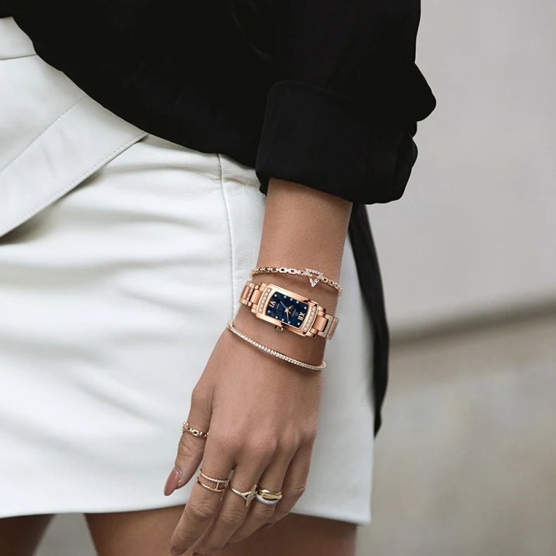 LOBINNI Quartz Business Ladies Watch Ladies Silver Rose Gold Rhinestone Diamond Set Rectangle Watch Customizable