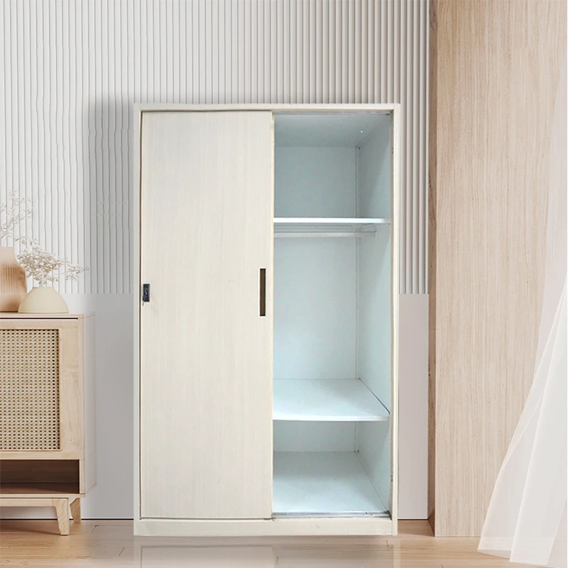 Simple design metal wardrobe metal wardrobe with sliding doors  wooden finish metal sheet wardrobe in stock
