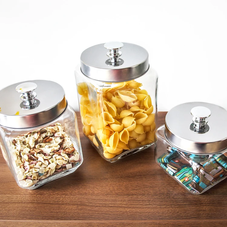 
Clear empty square airtight candy food jam kitchen storage glass jars and bottles with metal lid 