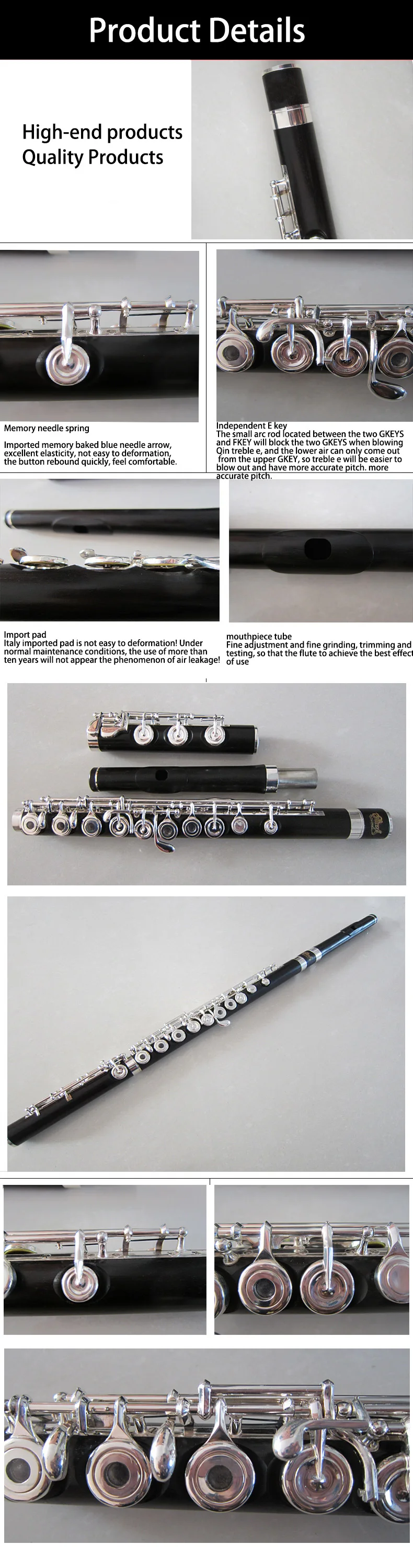 17 Hole Dual Use With Open Holes Natural Ebony Body And Head Joint Silver Plating Professional Flute
