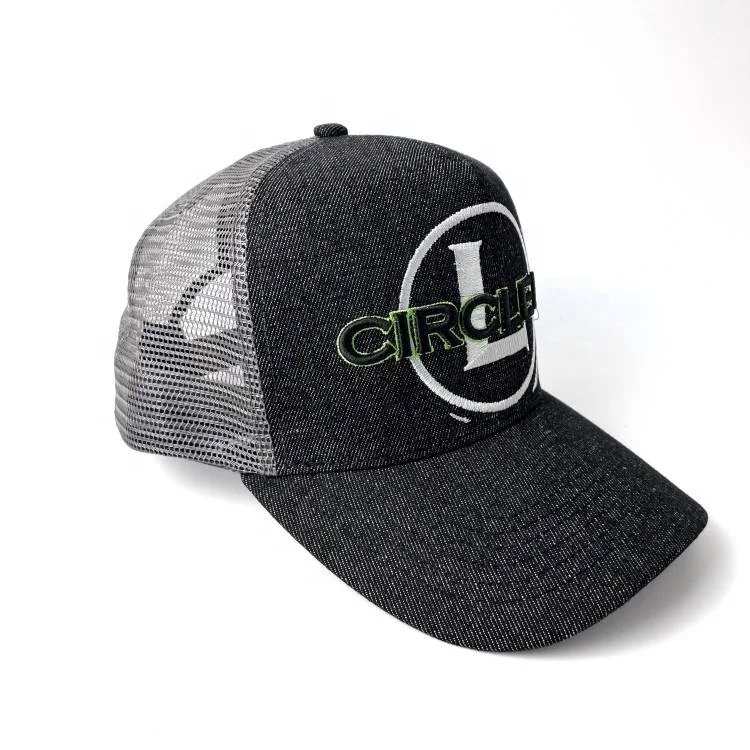 Wholesale Adjustable denim 5 panel mesh hats custom design your own logo trucker caps Plain 5 Panel mesh cap denim trucker hat
