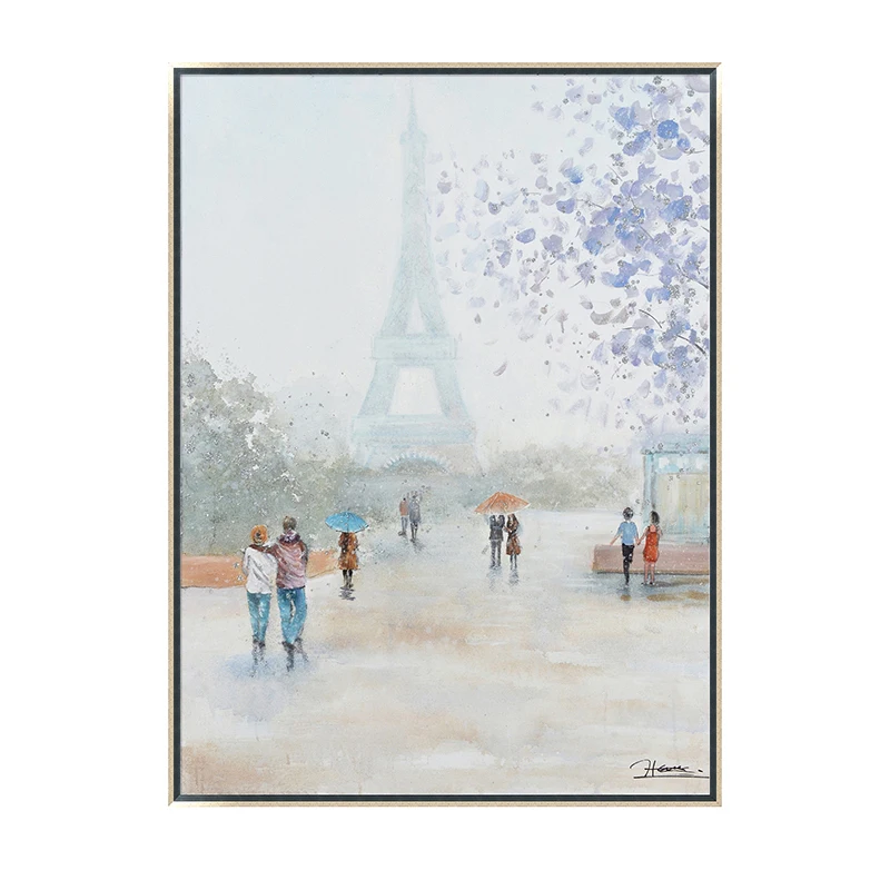 Modern Custom Handmade Painting Lovers Walking Eiffel Tower Summer Sunshine Day Ready to Hang in Lobby