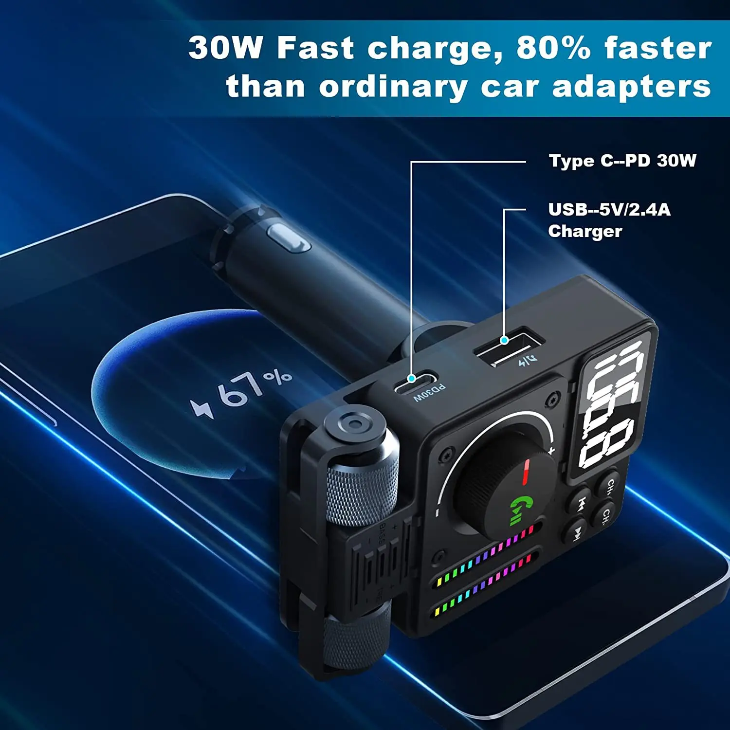 MT01 Car MP3 Player with Sound Pickup Ambient Light PD 30W Car Fast Charging Wireless Bluetooth 5.3 FM Transmitter for Car