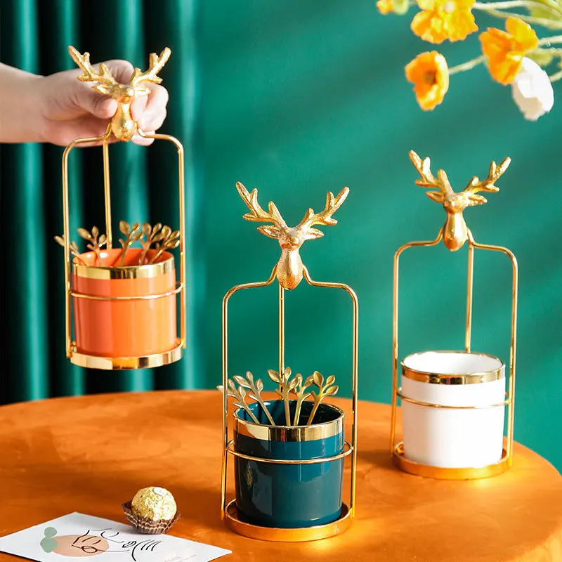 Nordic simple metal elk type ceramic fruit fork spoon placing jar household dessert cake fork jar