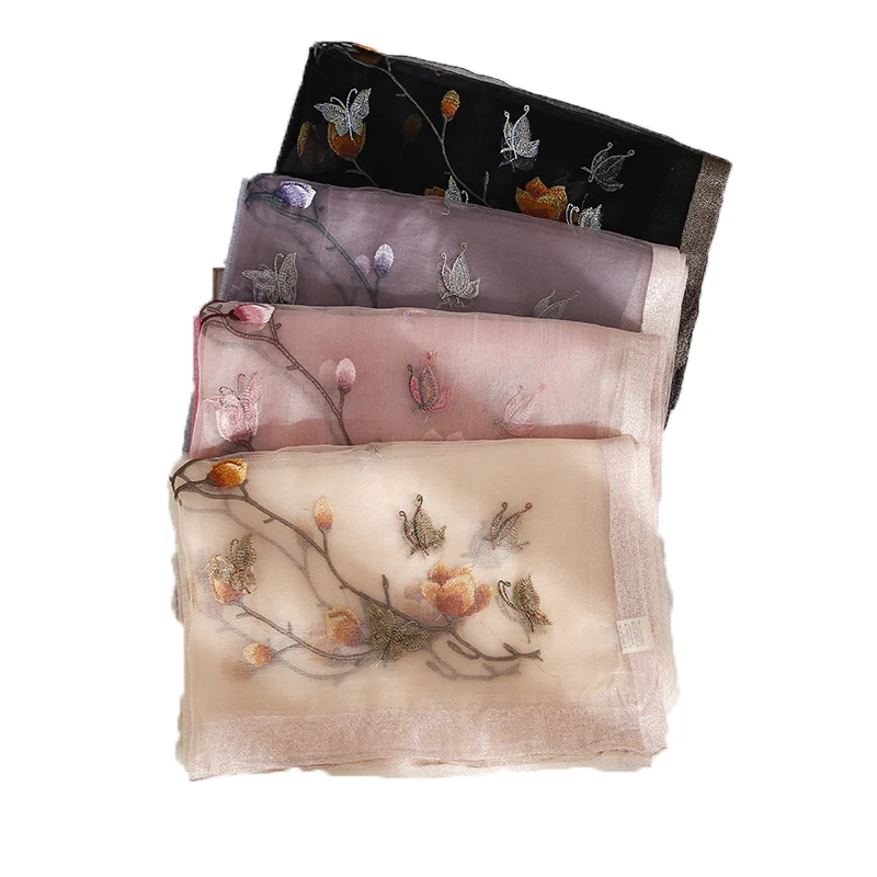 
 2021 Long Satin Silk Matte For Shawl For Women Silk Blended Pashmina Organza Scarf Kashmiri Luxury Embroidery Silk Shawls  