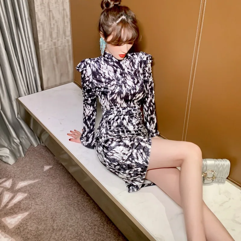 Женское приталенное платье с длинным рукавом, платье с принтом и высоким воротом, с перекрестными краями, новинка весны 2021