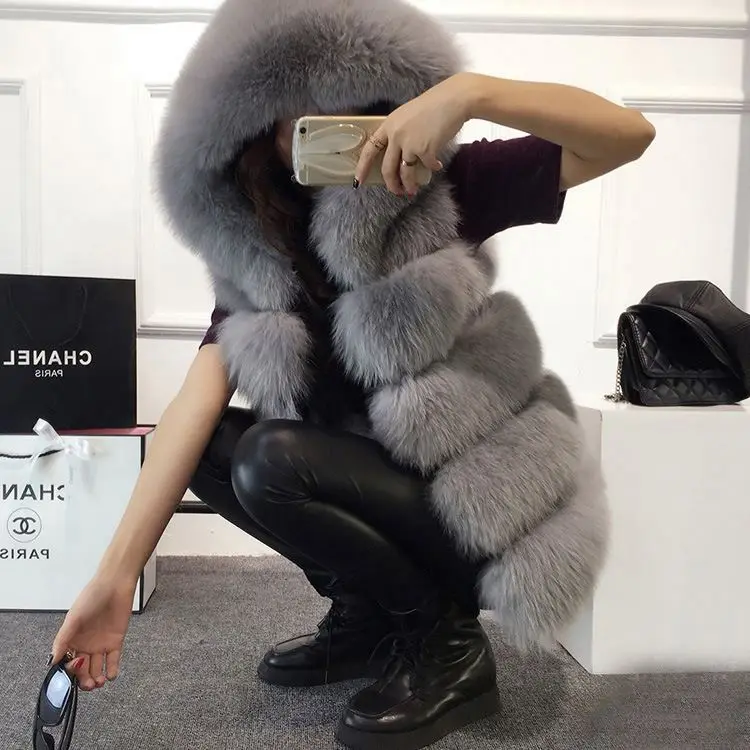 Wholesale Jtfur Fashion Fox Fur Coat Women Plush Winter Sleeveless Faux Fur Vest