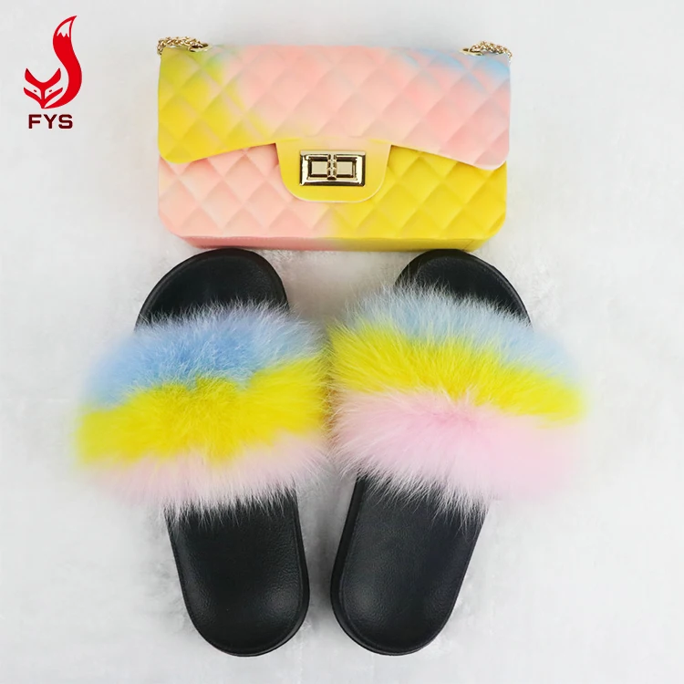 
OEM women kids children fur slippers matching handbag fur slides and purse vendor 