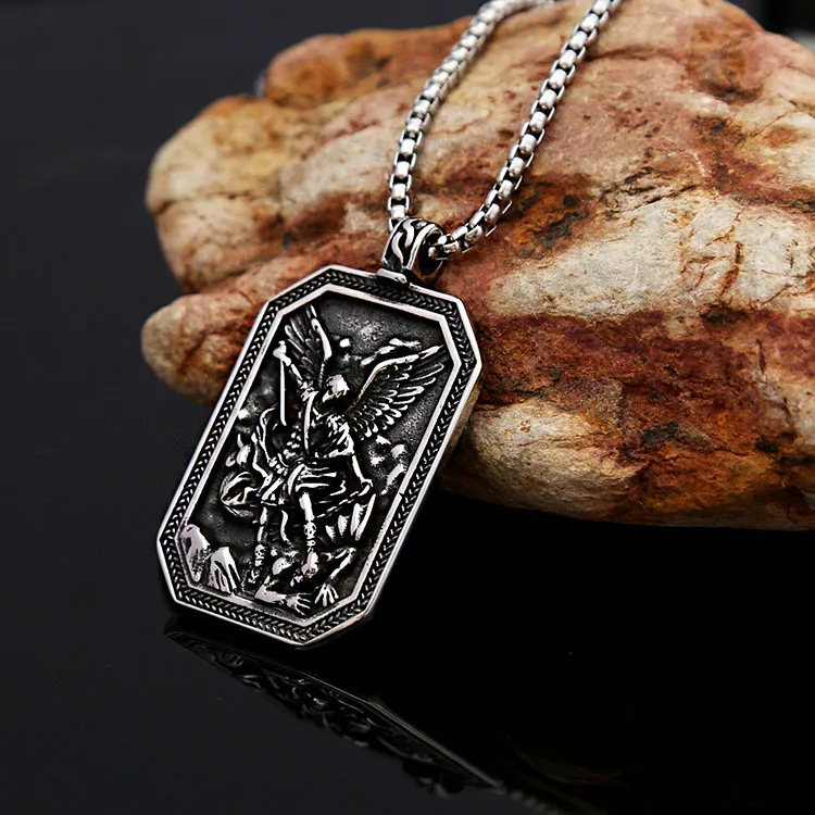Custom Wholesale Stainless Steel Saint Michael Archangel Religious Symbol Necklace Men Amulet Pendant Vintage Jewelry