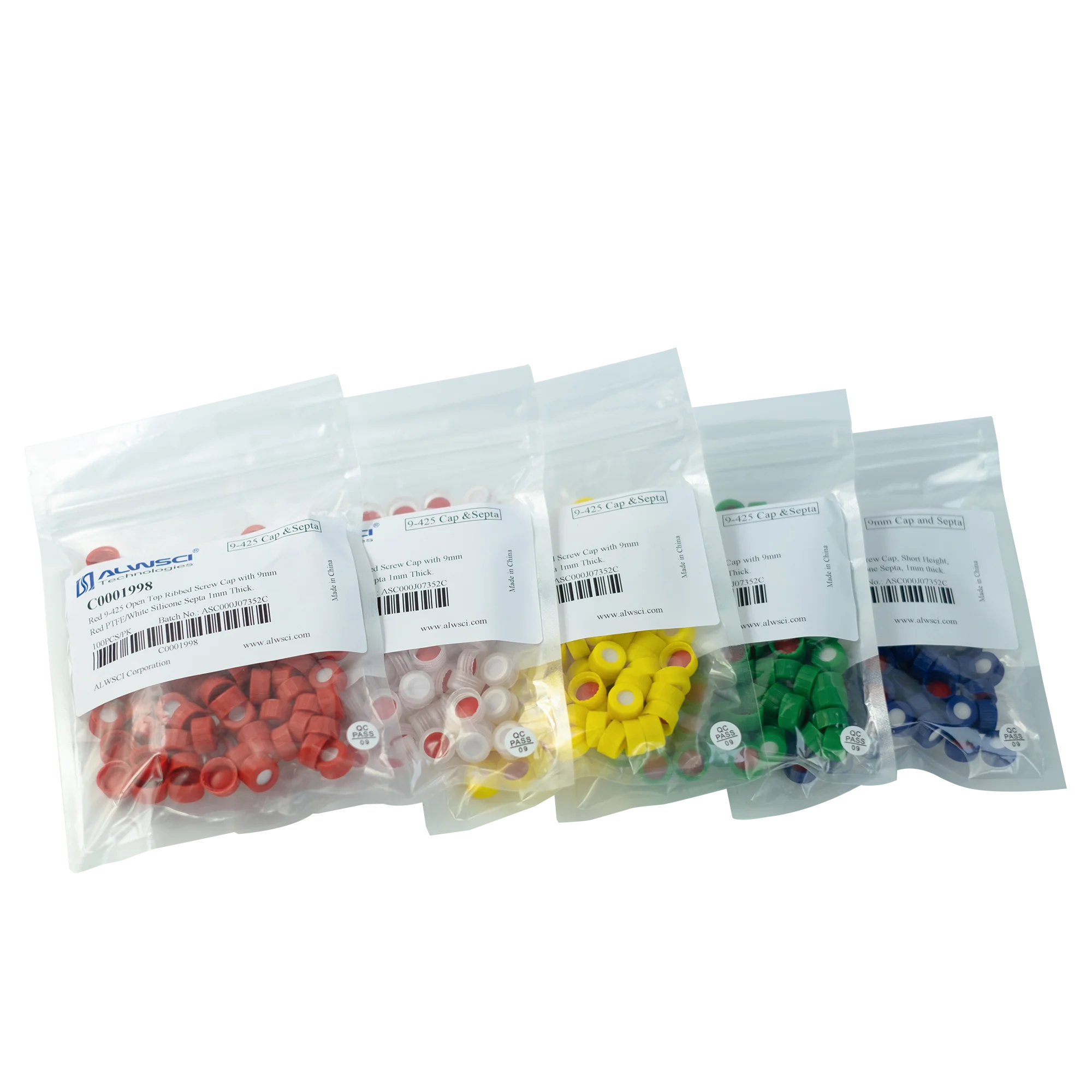 Red Yellow Green Blue Clear 9-425 Open Top Ribbed Screw Cap with 9mm Red PTFE/White Silicone Septa 1mm Thick. 9-425 Closures Col