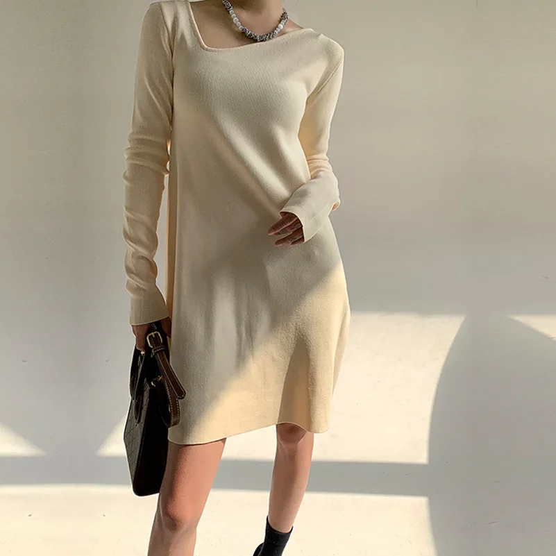 Soiling pure color asymmetrical neck pullover knitwear elegant Design sense niche knit dress women long sleeve base skirts