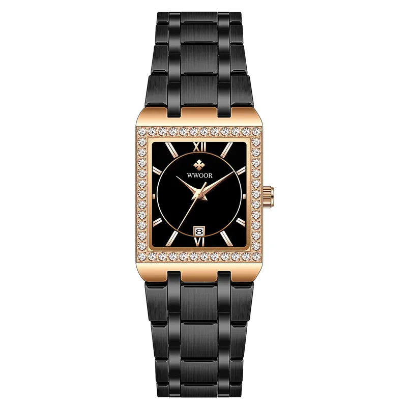 Factory Wholesale Luxury Square Diamond Dial Ladies Wristwatches Fashion Calendar Waterproof Stainless Steel Band Quartz Watches