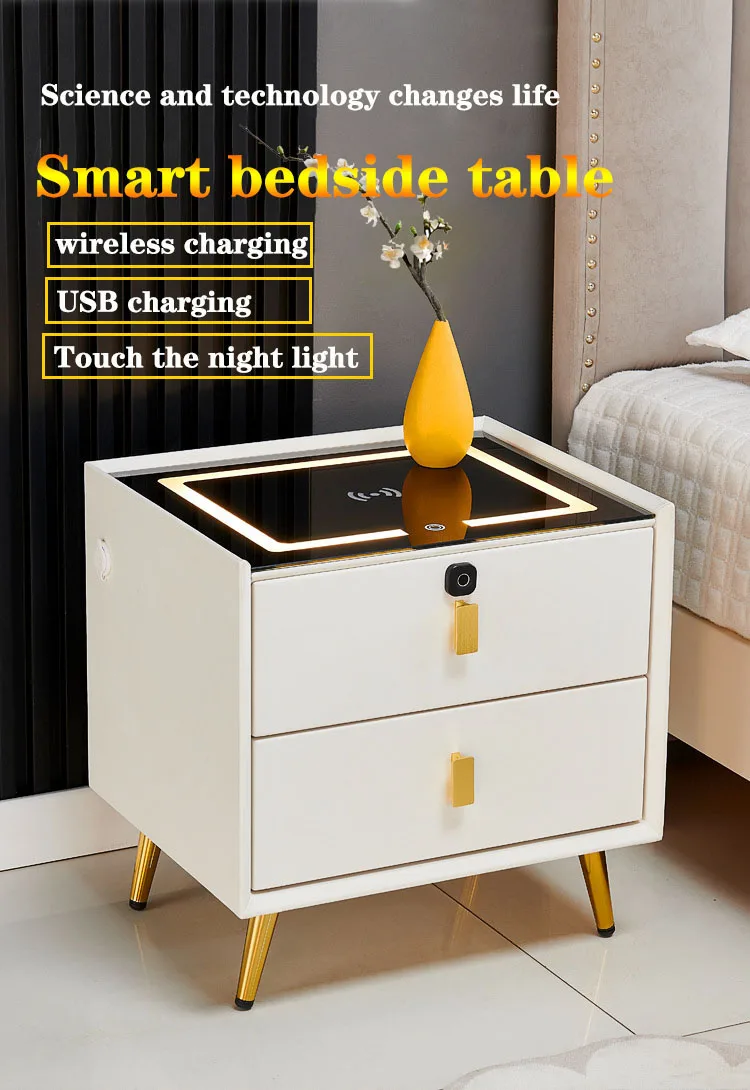 Smart bedside table Fingerprint lock Bluetooth speaker USB wireless charging with light bedroom nightstand