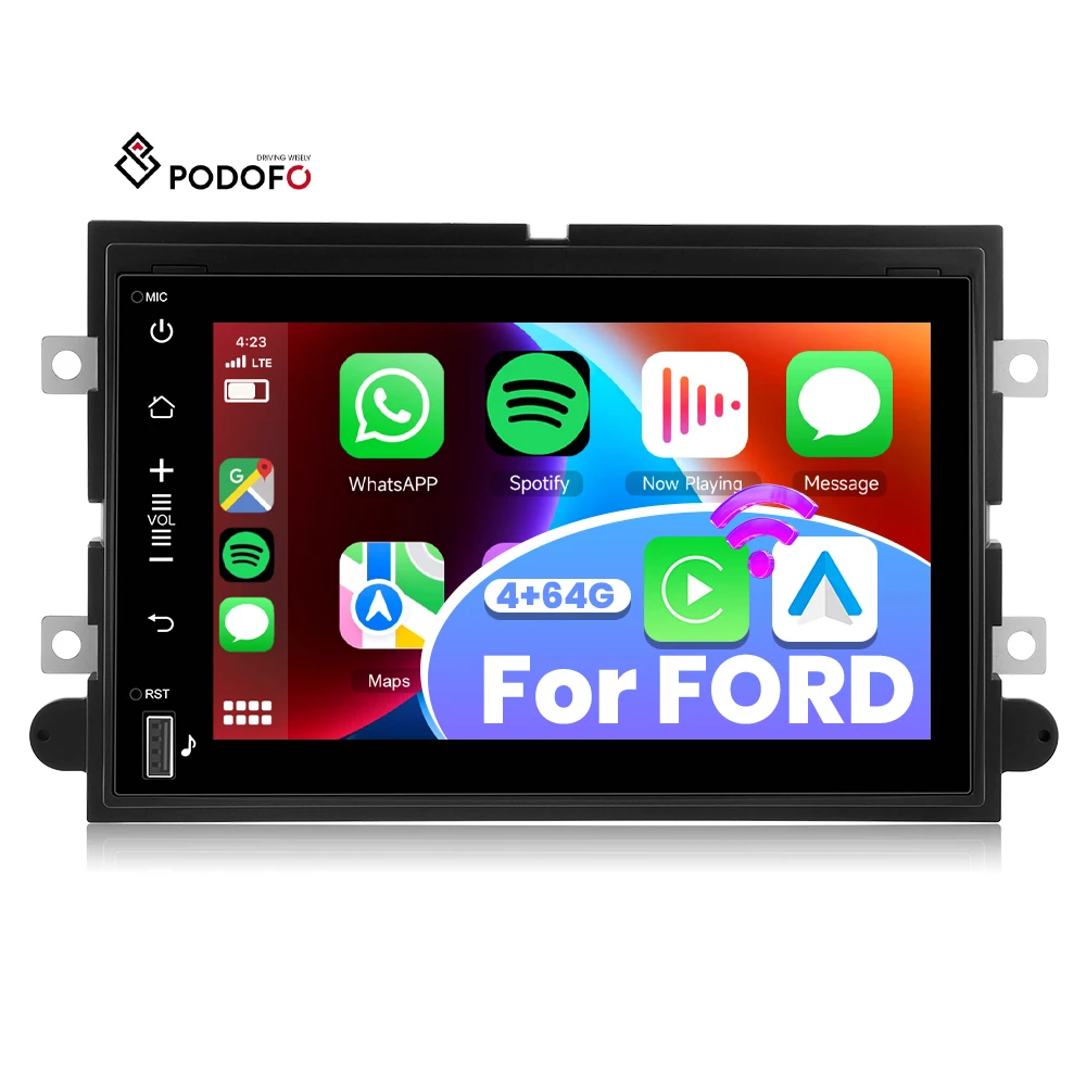 Podofo 4+64G 7' Android Car Radio Wireless Carplay/Android Auto GPS WiFi RDS For Ford/F150/F250/F350/Fusion /Taurus /Freesatr