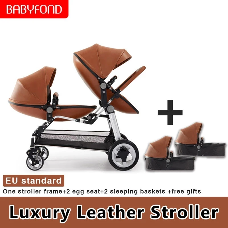Babyfond Hot Selling PU leather Double Shell Folding Stroller Lightweight luxury Twin Stroller + Seat