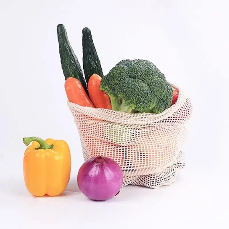 Cotton Mesh Bags with Drawstring for Fruit and Vegetables Storage Reusable Produce Net Mesh Drawstring Bag for Grocery
