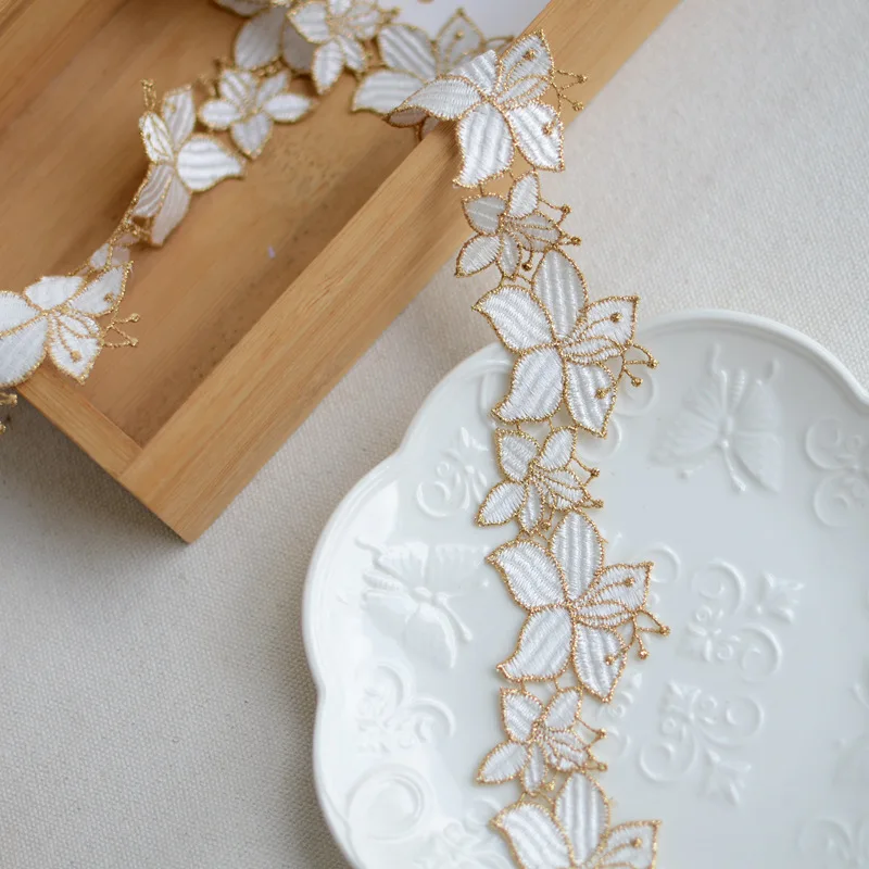 LS793 High End Gold Thread Flower Embroidery Water Soluble Lace Accessories Decorative Lace Trim for Dress Clothing