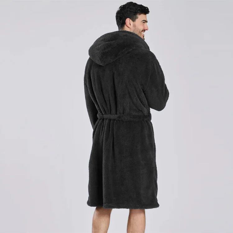 Long Robes for Men with Hood & Pockets Winter Warm Fleece Sleepwear Shawl Collar Soft Plush Full Length Hooded Bathrobe