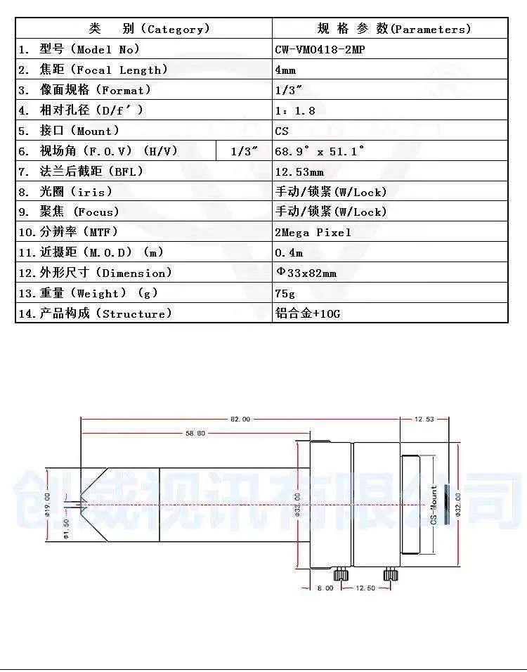 4MM Focusing lens hot melt special lens 2MP high definition CS Mount
