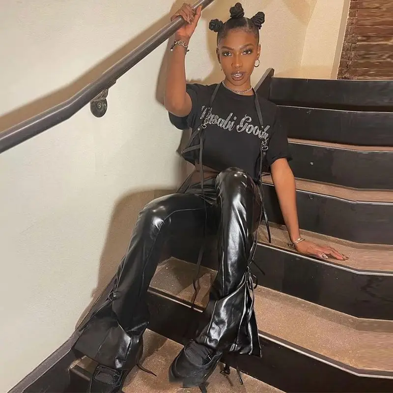 
High waist bandage faux PU leather legging 2021 fall clothes trousers women casual y2k leather pants 