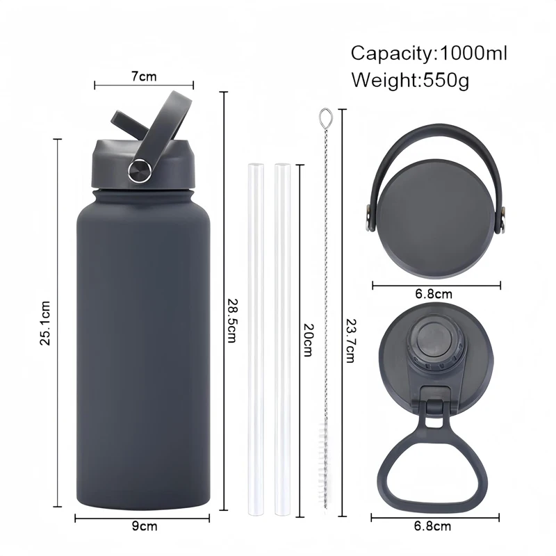 1L Insulated Water Bottle With Flip Straw 32OZ Stainless Steel Sports Water Cup Flask with 3 Lids Wide Mouth Travel Thermal Mug