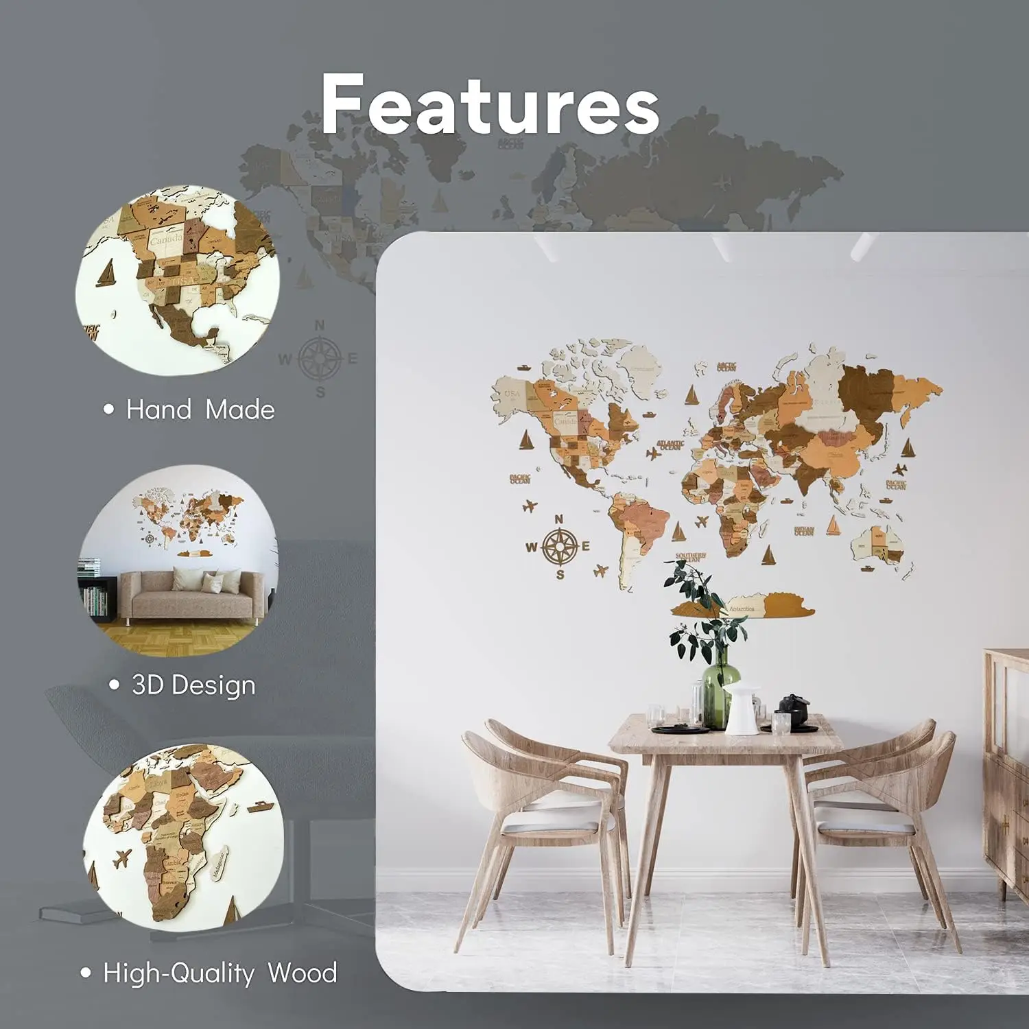 Wooden World Map 3D Art Large Wall Decor Any Occasion Gift Idea Wall