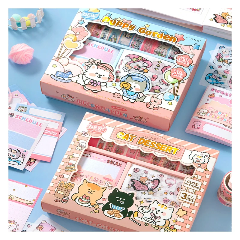 Simno Cartoon Dog and Cat Stationery Gift 120pcs Washi Masking Tape Sticker Memo Pad Set  for Scrapbooking Planner Diary
