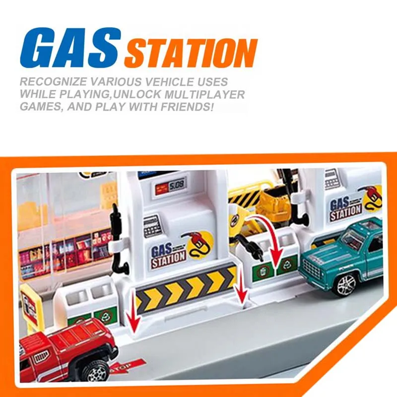 Kids Petrol Station Toy Parking Lot Racing Cars City Gas Equipped with 4 Mini Alloy Car