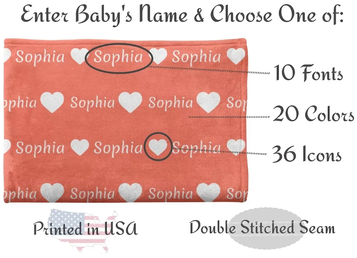 Personalized Baby Blankets with Name and Icon for Girls and Boys - Custom Baby Shower Gift, Plush Minky Blanket