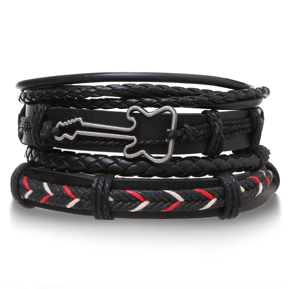 KISSWIFE Wholesale Vintage Men s Anchor Leaf Owl Multi Layer Wide Wrap Black Leather Tribal Bracelet Set For Men
