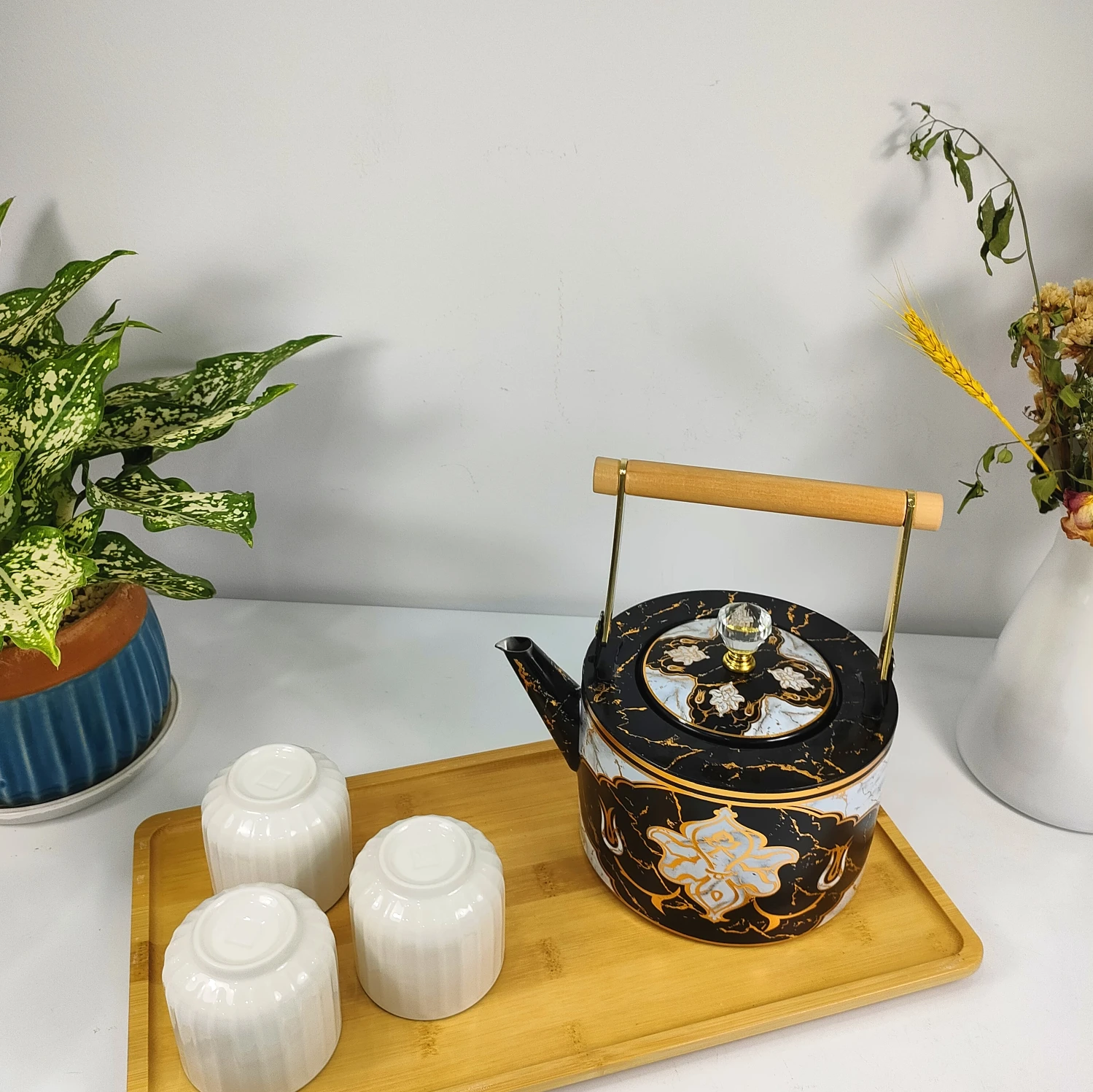 Boyang good quality custom teapot with wooden handle 1/1.5/2L gold plated stainless steel water kettle