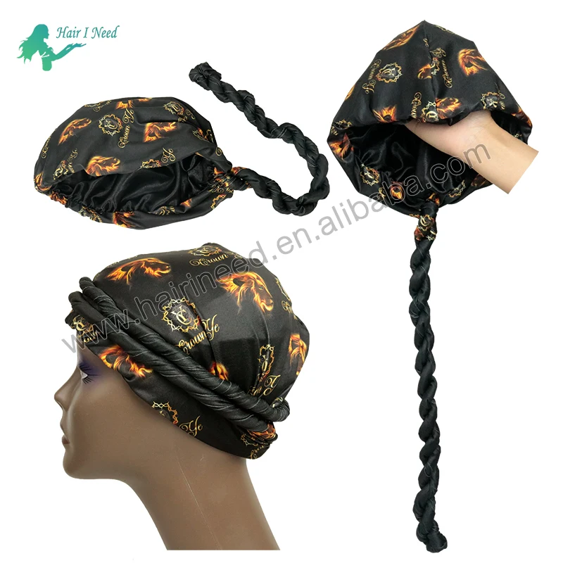 Custom Logo Printed Dome Wave Cap Bonnet Satin Turban Hat Hair Headwear Breathable Bottoming Durag Turban for Men
