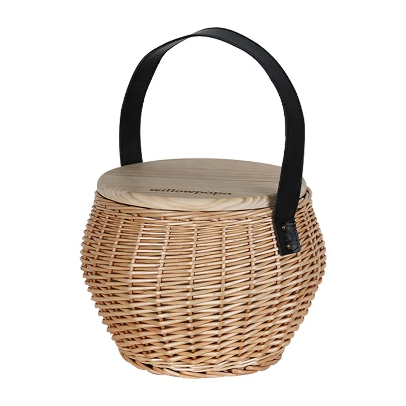 high quality white rattan beach wood top collapsible custom classic weave handle people round picnic basket with leather strap