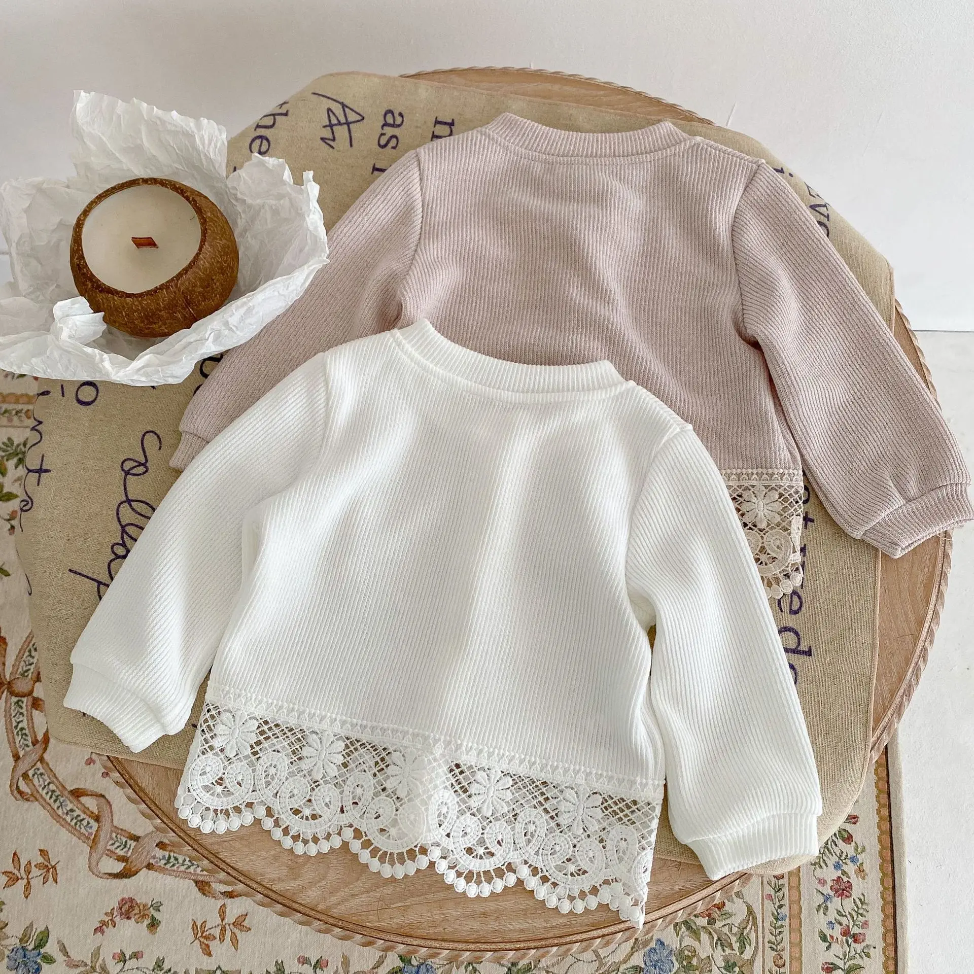 Ins autumn clothes girl baby round neck lace long sleeve jacket fashion baby knitted cardigan