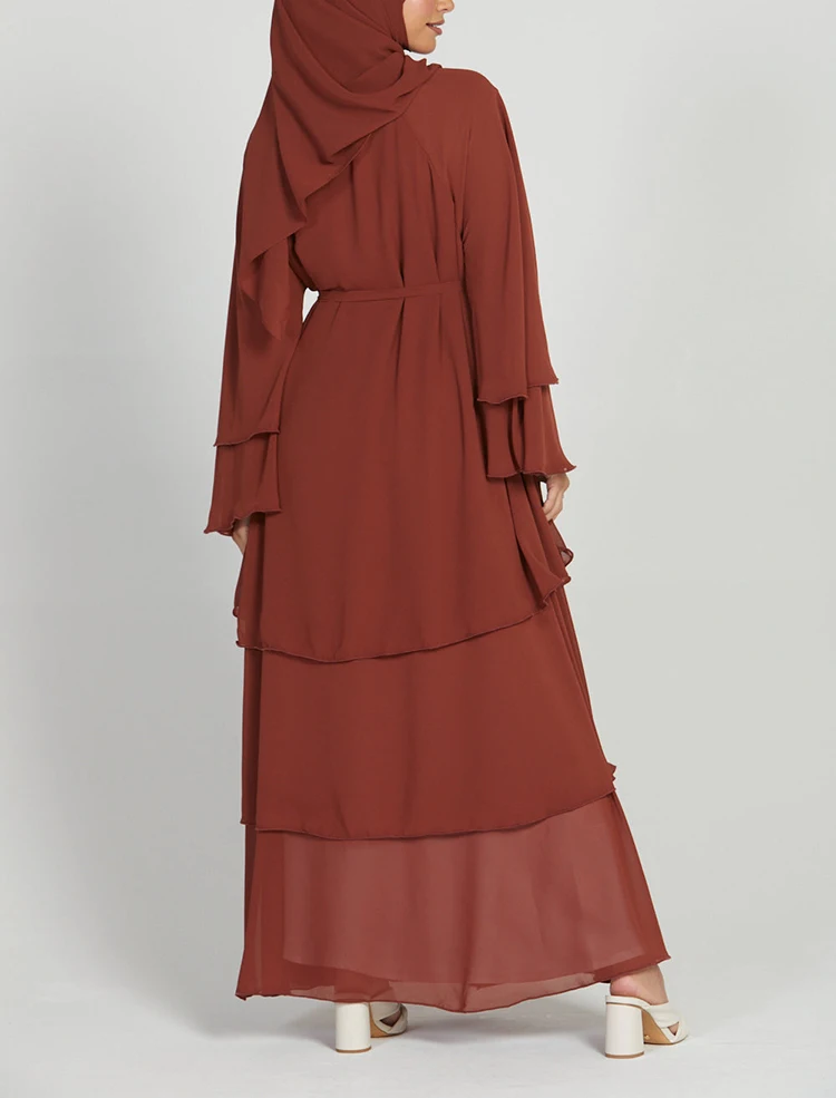 New Arrival Wear Muslim Dress Open Abaya With Inner Dress Solid Chiffon Islamic Brown Luxury Clothing Women Dress
