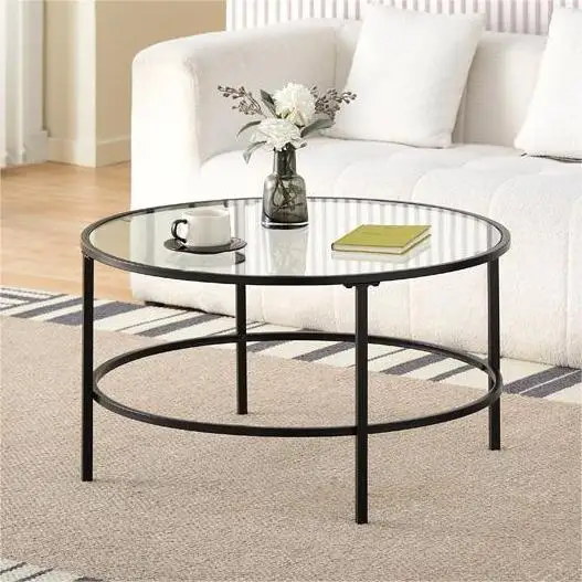 New Design Living Room Furniture Coffee Shop Fashion Glass Modern Round Coffee Table With Metal Base And Storage Shelf