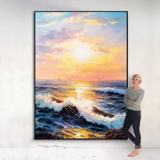 Handmade Sunrise Landscape Oil Painting on Canvas for Living Room Wall Decor Purple Sky Seaside Beach Landscape Hang Painting