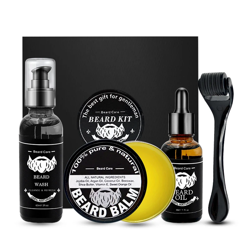 luxury men private label beard wash and conditioner beard balm oil Beard growth organic oil grooming care kit set (1600358773969)