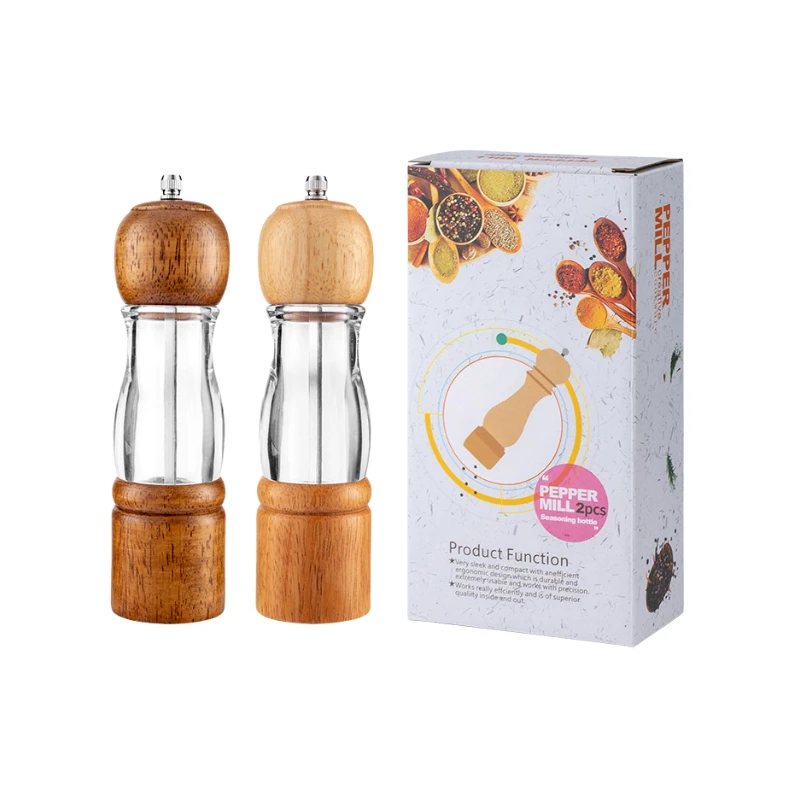 Home Camping Seasoning Bottle Wooden Salt Pepper Mill Grinder With Wooden Base set