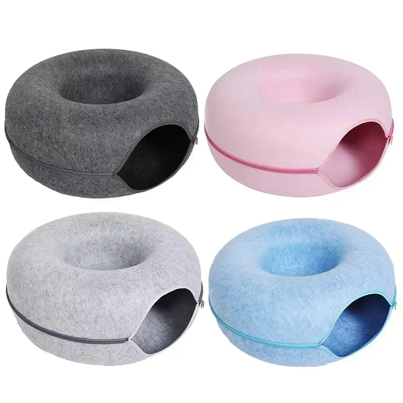 Custom Natural Felt Kitten Cat Cave Nest House Half Closed Sleeping Beds Donut Cat Bed Tunnel For Training Interactive Game Toy