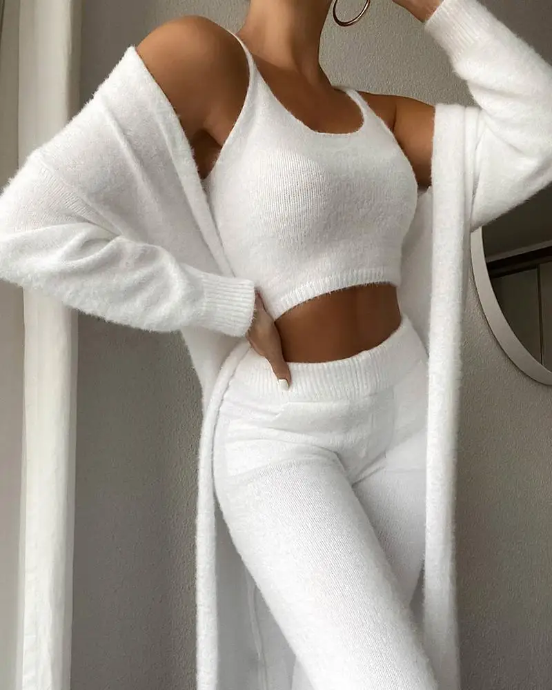 D14400 Fashion winter clothes V-neck loose 3 piece set women sweatsuit 2021