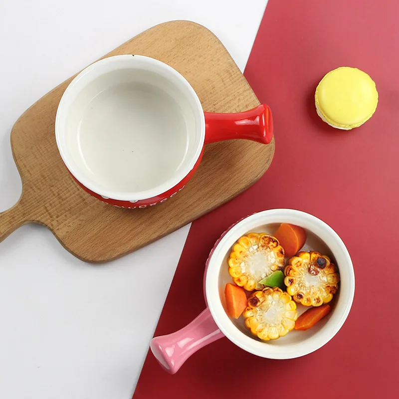 Creativity Stoneware Single Handle Breakfast Salad Bowls Bright Color Dot Design Ceramic Soup Bowl With Handle Oven Safe