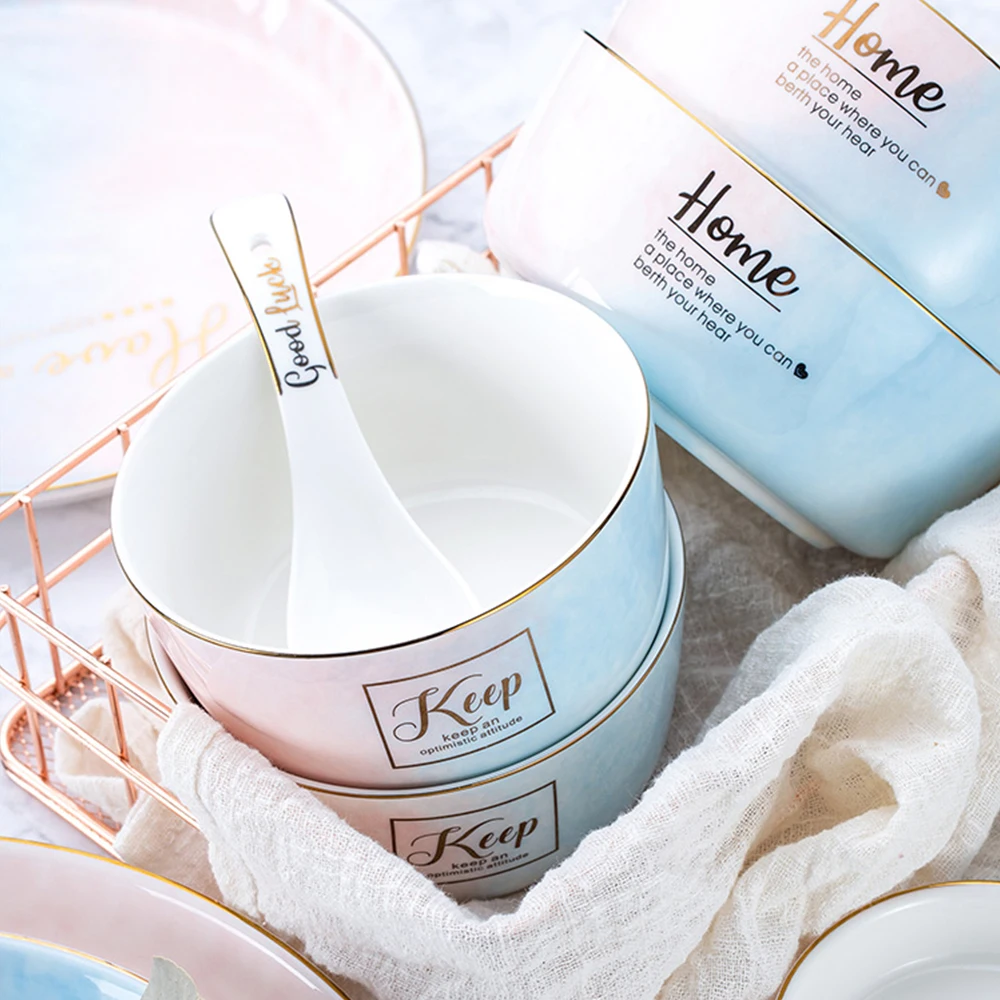 Eco Friendly Porcelain Plates Dishes Bowl Ceramic Dinnerware Sets Luxury with Golden Edge