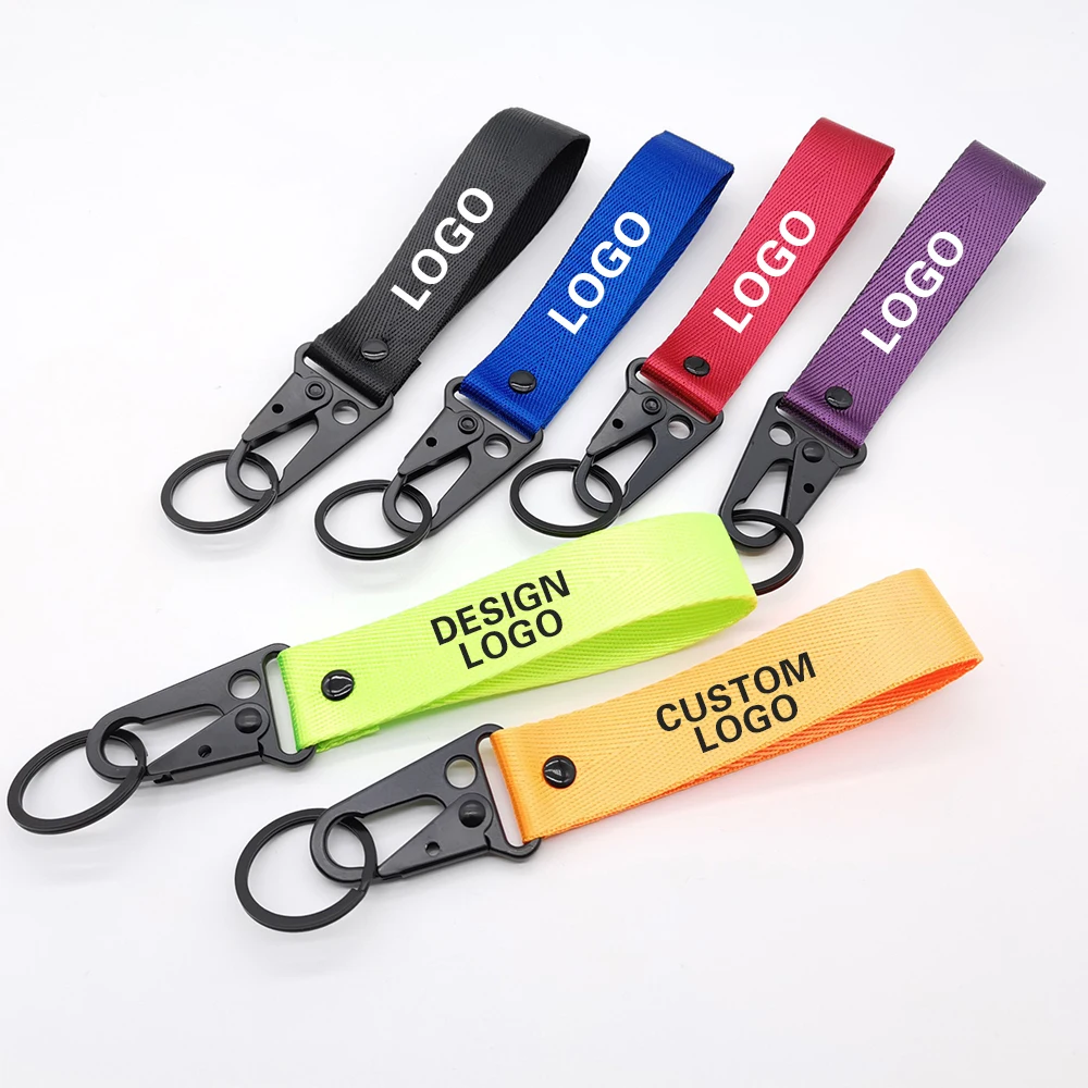 Custom JDM Wrist Lanyard Car Logo Fabric Embroidery Woven Keychains Whistles Lanyard Motorcycle Carabiner Clip Keychain